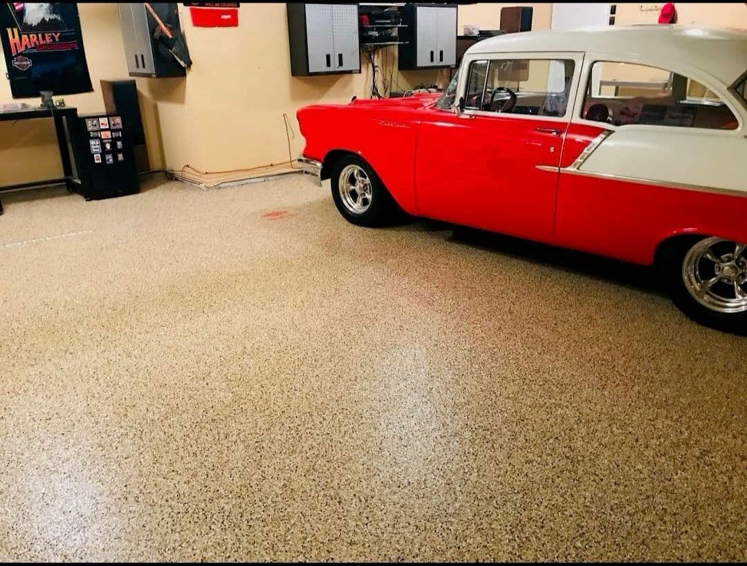 Garage Makeover with Decorative Concrete Flooring image